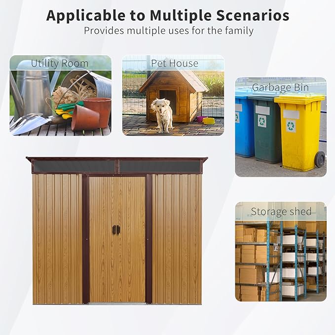 8x6 FT Outdoor Metal Storage Shed with Window, Lockable Sliding Doors and Transparent Plate - Patio Shed for Backyard, Garden, Lawn (Coffee)