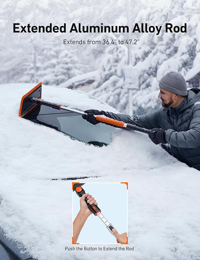 AstroAI 47.2 Inch 2-in-1 Snow Brush for Car Snow Broom and Detachable Ice Scraper with Non-Abrasive Silicone Head for Cars, Trucks, SUVs（Orange-Black）