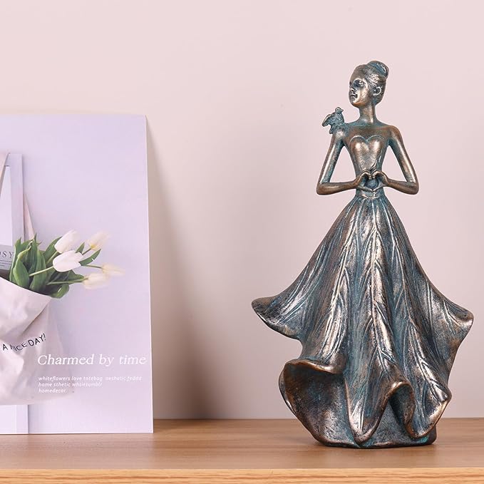 QIANLING 7'' Fairy Statue - Leaf Angel Girls with Bird Sculptures Resin Home Decor, Decorations Figurines Gift for Inside or Outside, Office, Living, Cabinets, Book Shelf or Outdoor Garden Yard