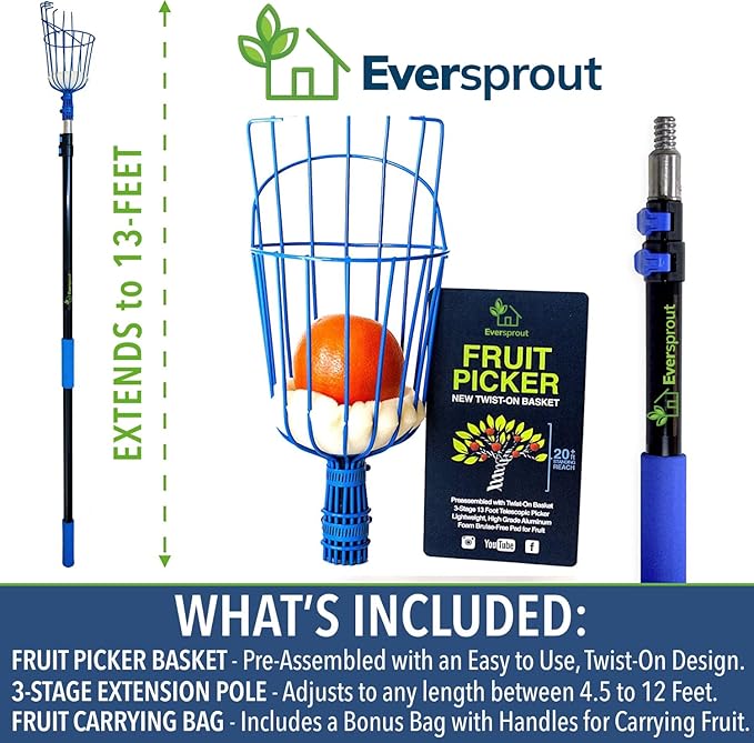 EVERSPROUT 4.5-to-12ft Durable Fruit Picker with 20+ Foot Reach – Telescoping Fruit Picker Pole, Lightweight Twist-On Fruit Picking Tool with Basket, Aluminium Extension Pole for Tree Fruit Harvesting