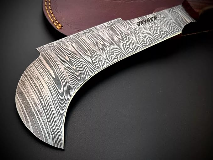 Hand Forged Damascus Steel Billhook Machete Knife – Heavy Duty Sickle Garden Tool for Cutting Trees, Yard Work, Weeding, and Camping – Survival Machete with Leather Sheath and Belt Loop