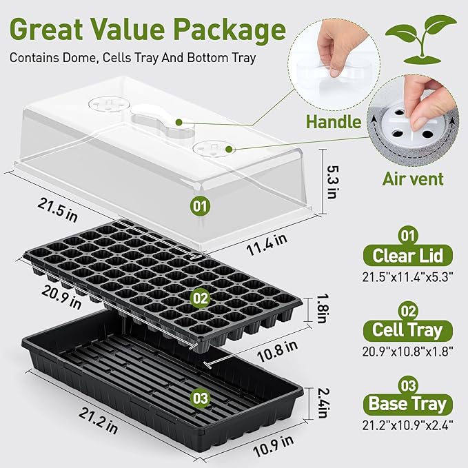 ZJP 5-Pack Seed Starter Trays Set – Includes 1020 Trays (No Holes) + 72-Cell Deep Plug Trays (2.44" Deep) + 5" Clear Humidity Domes for Vegetables, Herbs, Flowers