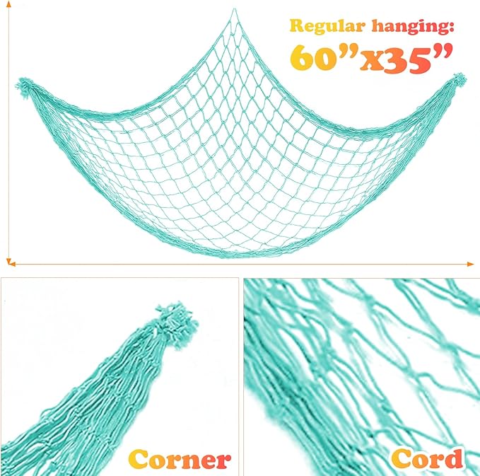 2 Pack Fish Net Decorations for Party, Natural Cotton Hawaiian Party Fishing Net Decorative, Nautical Themed Cotton Fishnet Under The Sea Pirate Ocean BeachHalloween Decor Blue