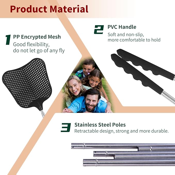 Fly Swatters 2 Pack, Durable Telescopic Stainless Steel Handle, Heavy Duty Black Bug Zapper Racket, Upgraded Plastic Fly Swatter Set for Indoor Outdoor Home Hiking Camping Garden
