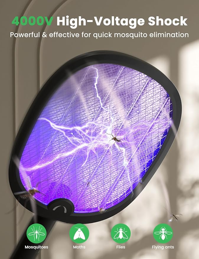 YISSVIC Electric Fly Swatter Foldable Bug Zapper Racket 2 in 1 Mosquito Killer with Purple Attractant Light Rechargeable 1800mAh for Indoor Home Backyard Patio Camping