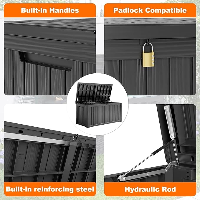 180 Gallon Large Deck Box,Resin Outdoor Storage Box with Lockable for Patio Furniture, Pool Accessories, Garden Tools Waterproof Outside Storage Box, Black