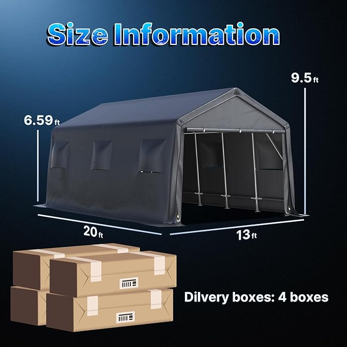 ADVANCE OUTDOOR 13x20 ft Carport 2 Roll up Doors & Vents Outdoor Portable Storage Shelter Garage Tent for Vehicle Boat Truck Anti-UV Snow Resistant Waterproof, Gray