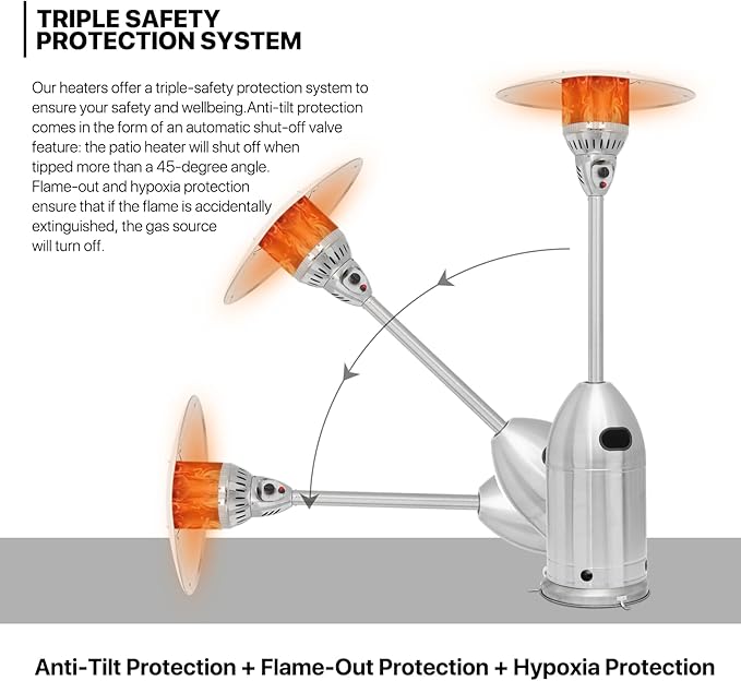 MoNiBloom 41000 BTU Propane Patio Heater with Wheels and Stainless Steel Burner Outdoor Patio Heater for Commercial Use, Residential, Garden, Backyard, Porch, Deck, Balcony (Silver)