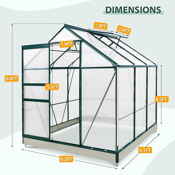 EAGLE PEAK 6x6x7 Outdoor Walk-in Hobby Greenhouse with Adjustable Roof Vent, Rain Gutter, Base and Anchor, Polycarbonate Aluminum Green House for Backyard Garden, Dark Green