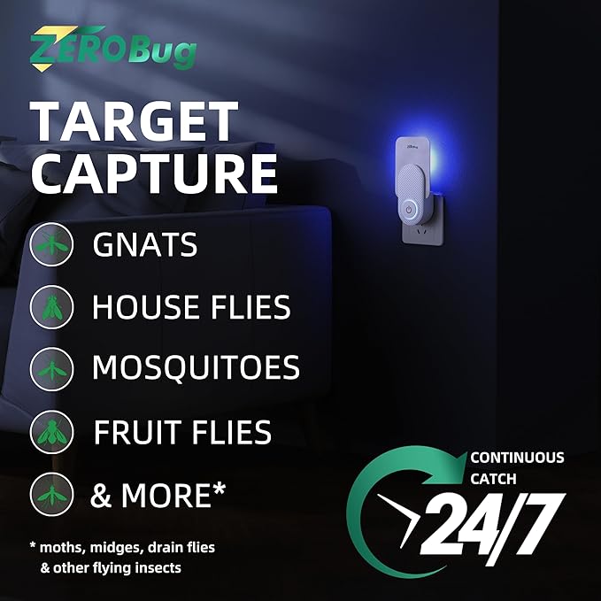 2025 Upgraded Flying Insect Trap Indoor, Target Capture Traps for House & Fruit Fly, Gnat, Mosquito with UV & Blue Light, Plug in Bug Catcher & Killer for Indoor (1 Device & 5 Sticky Refills)