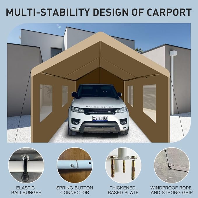 Carport 10x20 Ft Heavy Dut Car Port Canopy, Portable Garage Shelter Car Tents Carpas para Carros All Weather for Automobiles Truck Boat (Khaki)