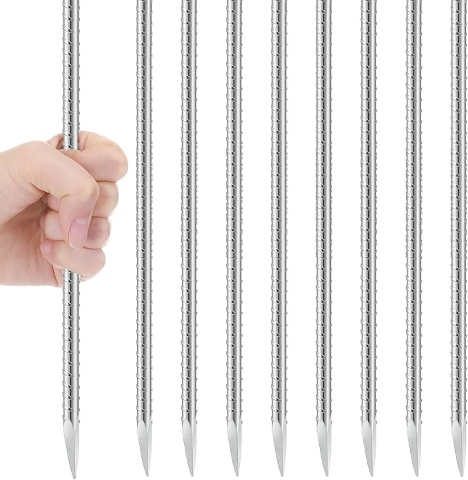 Gisafai 8 Pcs 16 Inch Ground Rebar Stakes Heavy Duty Ground Anchors Steel Plant Support Garden Stake Long Straight Metal Spikes with Chisel Point End for Concrete Timber Garden Plant Tent