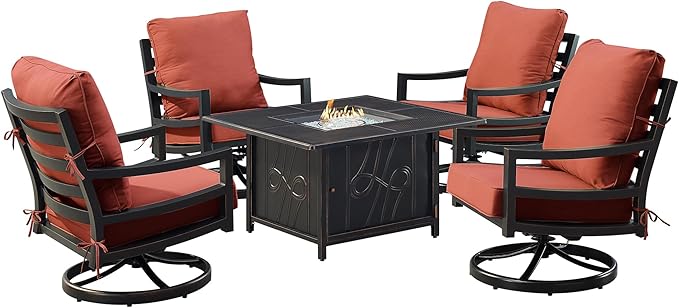 Oakland Living Black Aluminum Patio Fire Table Set with Four Club Chairs with Red Cushions