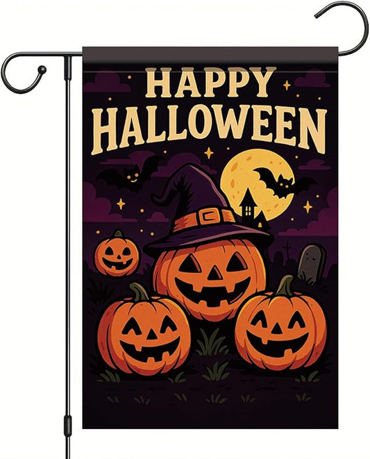 Happy Halloween Garden Flag Pumpkin Witch Hat Bats 12x18 Inch Double Sided Outdoor Yard Banner for Trick or Treat Haunted House Halloween Decoration Decor