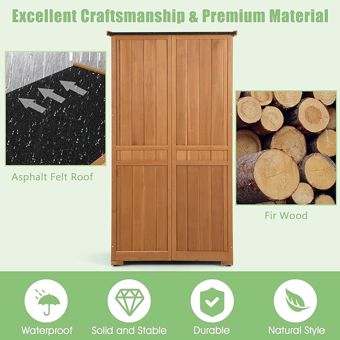 Goplus Outdoor Storage Cabinet, Wooden Storage Shed with Latch, Detachable Shelves & Weather Resistant Pitch Roof, Vertical Garden Tool Organizer for Outside Yard Patio Deck