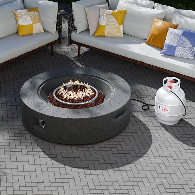 SUNBURY Outdoor Fire Pit, 42" Round Propane Gas Patio Fire Table 50,000 BTU Concrete Travertine Design, CSA Certified, Circular Base Firepit with Lava Rocks, Waterproof Cover (Grey)