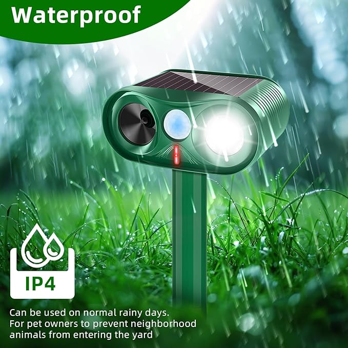 4Pack Solar Ultrasonic Animal Repellent,2025 Waterproof Deer Repellent Device with LED Flashing Lights,Cat Repellent Outdoor with Motion Detection Squirrel Skunk Rabbit Dog Raccoon Repeller for Yard