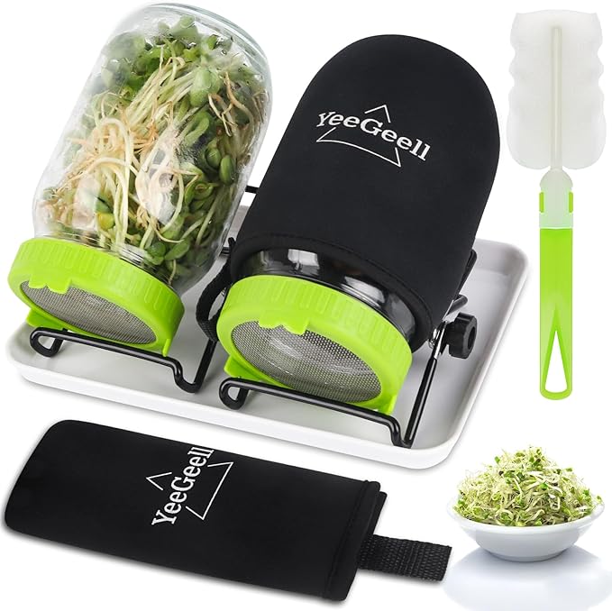 Premium Sprouts Growing Kit, 2 Sprouting Jar Kits & Superior Sprout lids, Blackout Sleeves, Drain Tray, Stainless Steel Stand, Growing Kit for Broccoli, Alfalfa, Beans & Mushroom by YeeGeell (2 Pcs)