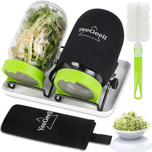 Premium Sprouts Growing Kit, 2 Sprouting Jar Kits & Superior Sprout lids, Blackout Sleeves, Drain Tray, Stainless Steel Stand, Growing Kit for Broccoli, Alfalfa, Beans & Mushroom by YeeGeell (2 Pcs)