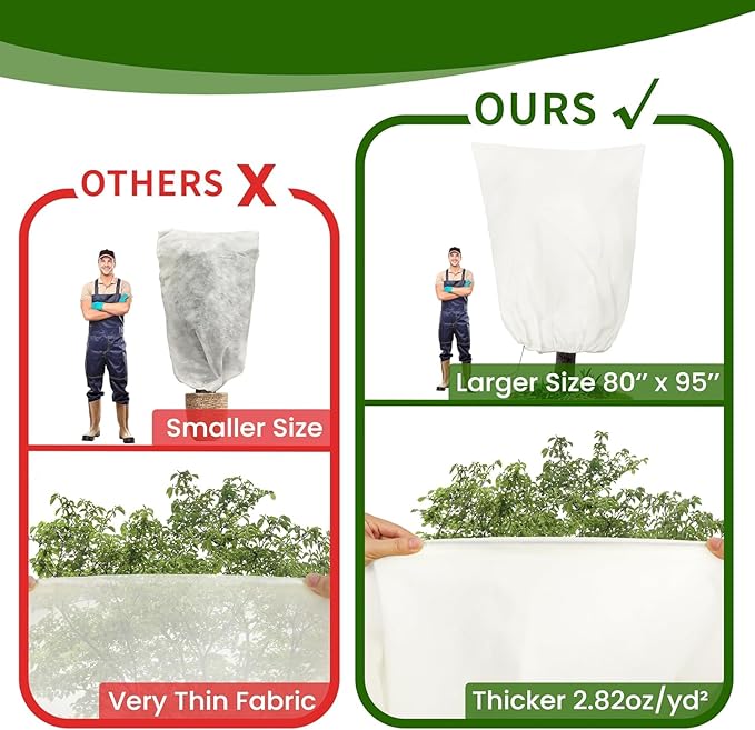 Huge Plant Covers 95x86 Inch, 4 Pack Frost Protection Blankets 2.82oz/yd², Thickened Winter Tree Covers with Zipper & Drawstring, Reusable Frost Cloth for Outdoor Plants & Garden