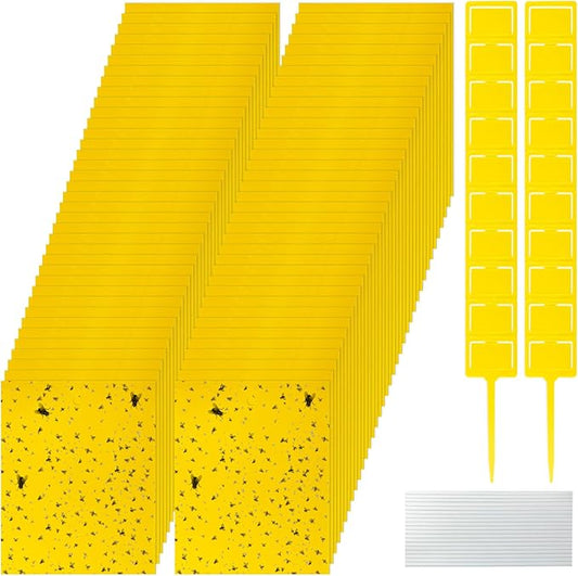 Qualirey 200 Pcs 7.87 x 9.84 Inches Yellow Sticky Traps for Plant Gnats Dual Sided Fruit Fly Sticky Traps for Indoors and Outdoors with Twist Ties and Plastic Holders for Plant Insect, Fungus Gnats