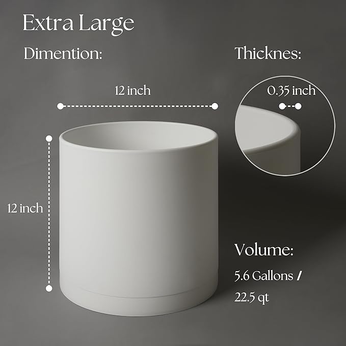 Giraffe Creation 12-Inch Round Cylinder Plant Pot, Modern Indoor/Outdoor Planter with Drainage Hole, Saucer & Water Reservoir, White