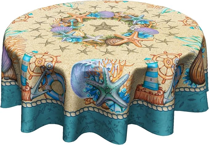 Giwawa Summer Beach Tablecloth Round 60 Inch, Shell Coastal Wreath Sea Theme Waterproof Fabric Circular Table Cloth Cover for Home Kitchen Dining Patio Picnic Party Decor