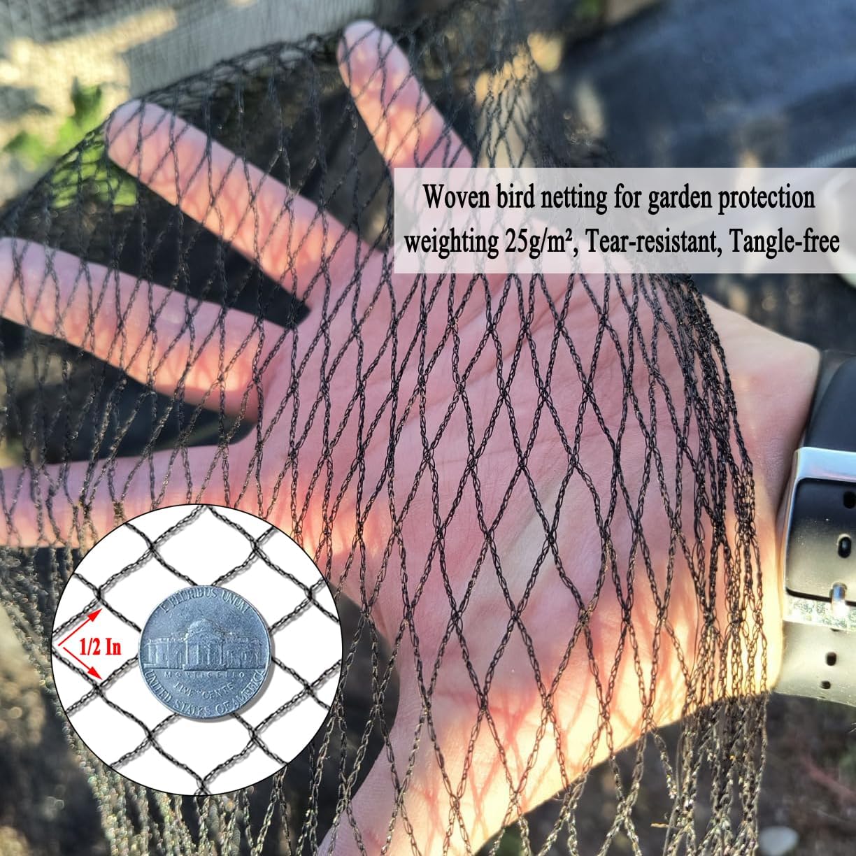 Junflying Bird Netting, 10x30 FT – 1/2" Mesh, Woven Black Netting for Garden Protection with Ties, Protects Vegetables, Fruit Trees, Blueberry Bushes & Strawberry Plants