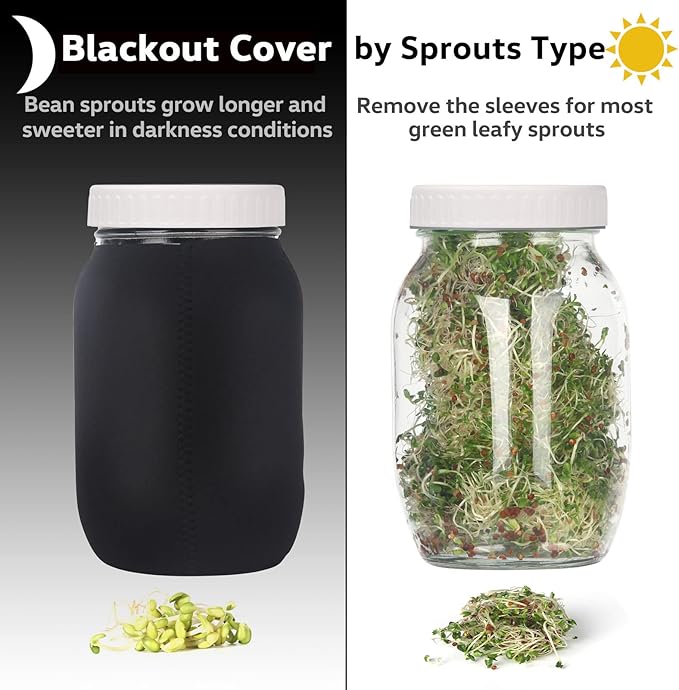 Complete Sprouting Jar Kit| 2 Wide Mouth Mason Jars, 316 Screen Sprout Lids, Blackout Sleeves, Tray, Stand| Sprouter Set for Growing Broccoli, Alfalfa and More-Seeds not Included