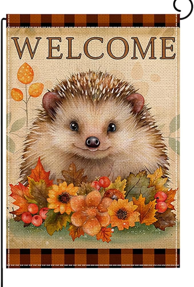 Fall Garden Flag 12 x 18 Inch Double Sided Cute Hedgehog Maple Leaves Sunflower Designs Autumn Burlap Yard Flag for Outside Rustic Yard Outdoor Holiday Home Decoration