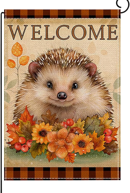 Fall Garden Flag 12 x 18 Inch Double Sided Cute Hedgehog Maple Leaves Sunflower Designs Autumn Burlap Yard Flag for Outside Rustic Yard Outdoor Holiday Home Decoration