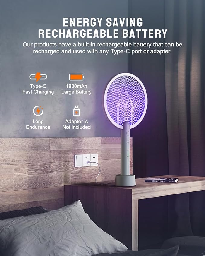 Electric Fly Swatter Racket, Mosiller 2 in 1 Smart Bug Zapper & Power Take Off Generators with USB Rechargeable Base, Powerful Mosquitoes Trap Lamp & Fly Killer for Home, Bedroom (Light Grey（1 Pack）)