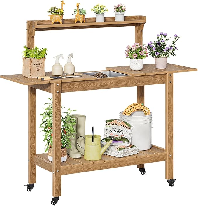 HDPS Outdoor Potting Bench with Sliding Tabletop/ 4 Wheels/Removable Sink, All-Weather Outside Garden Work Table, No Rust/Fade/Break, Potting Station for Porch, Patio & Backyard (Teak)