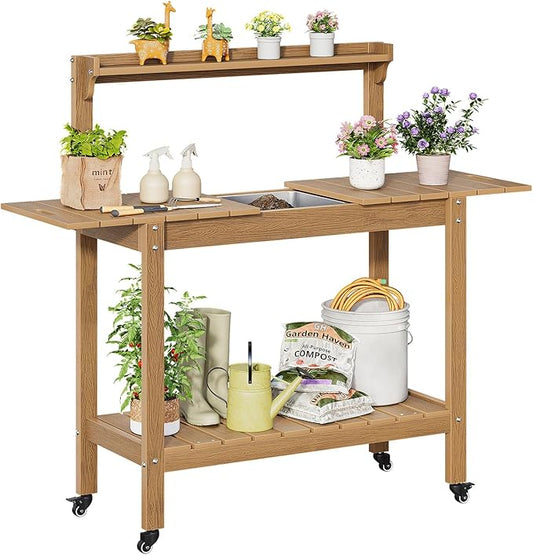 HDPS Outdoor Potting Bench with Sliding Tabletop/ 4 Wheels/Removable Sink, All-Weather Outside Garden Work Table, No Rust/Fade/Break, Potting Station for Porch, Patio & Backyard (Teak)