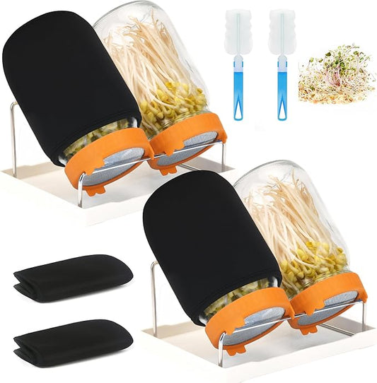 Lulonpon Sprouting Kit, 4 Sprouting Jar Kits, Wide Mouth Quart Mason Jars with Stainless Steel Screen Sprout Lids,1000ml Sprouts Growing Kit, Seed Sprouter Set for Growing Broccoli, Bean, Alfalfa ﻿