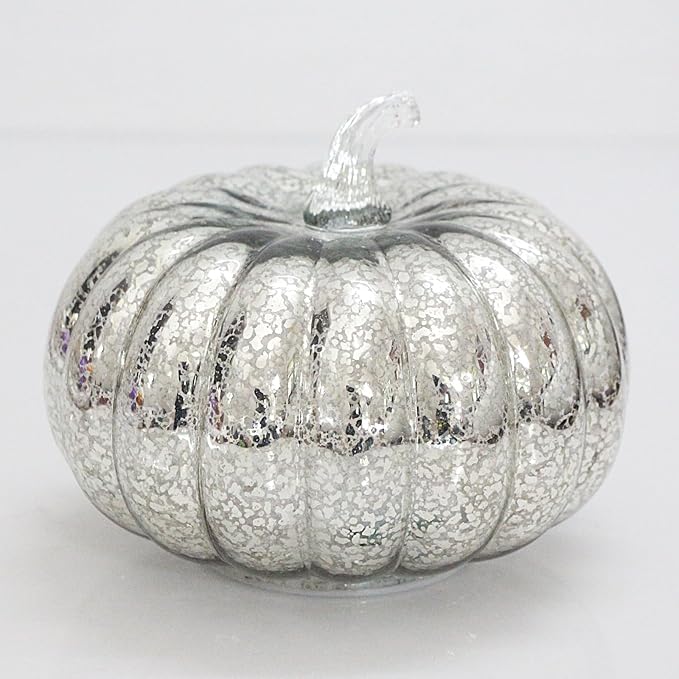 Mercury Glass Pumpkin Lights with Timer, Battery Operated Led Pumpkin Lights for Halloween Fall,Thanksgiving Rustic Decor (Silver Common, 6")