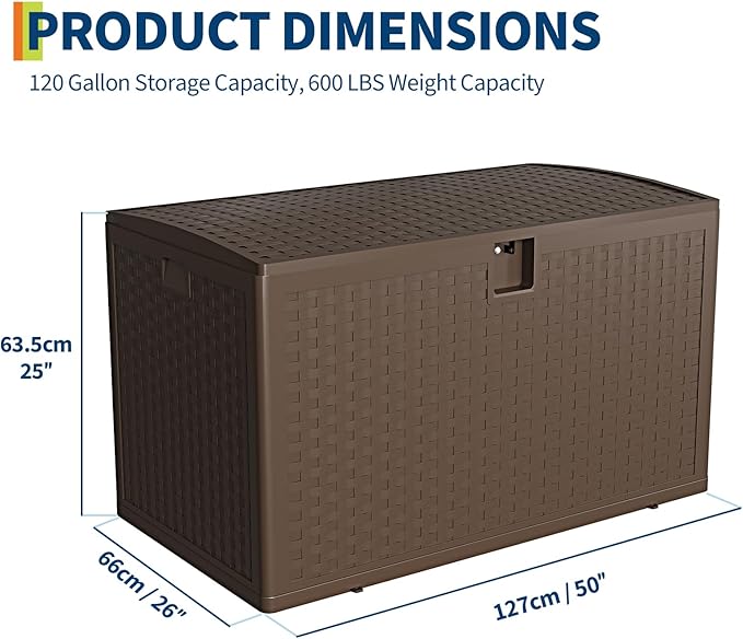 120 Gallon Outdoor Waterproof Storage Box Lockable Outdoor Storage Boxes Deck Storage Boxes for Package Delivery Deck Boxes for Patio Furniture, Garden, Tools - Rattan Brown