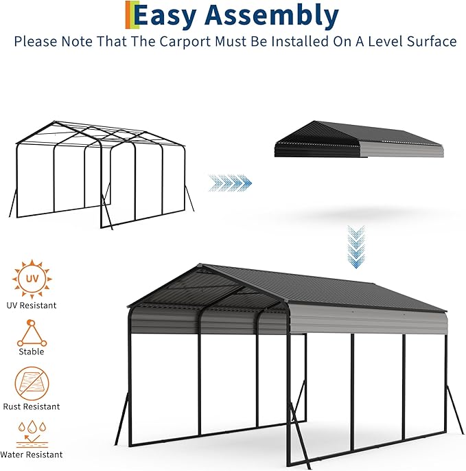 10x15 FT Metal Carport, Heavy Duty Carports Canopy with Galvanized Steel Frame & Roof, Outdoor Garage Car Port for All-Weather, Outdoor Galvanized Shelter for Car, Boats and Truck