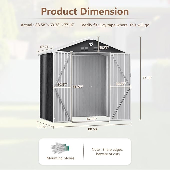 8X6 FT Outdoor Storage Shed, Metal Garden Shed - Tool Storage Sheds with Lockable Doors, Waterproof Outside Storage Building for Backyard, Patio (Black; Floor Not Included)