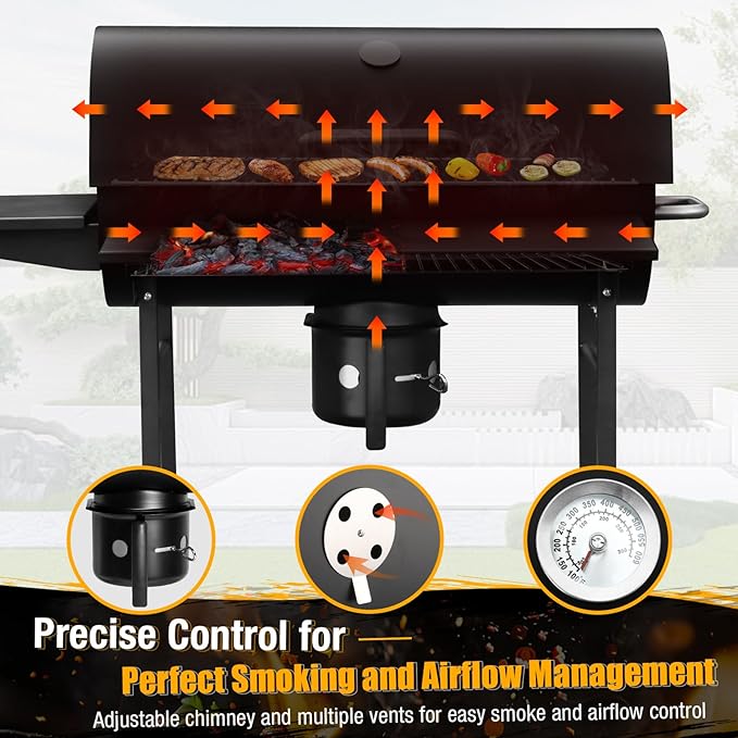 Charcoal BBQ Grills Outdoor: Spacious Barrel Barbecue Grill with Side Front Table - Premium BBQ Smoker Combo for Backyard Cooking Patio Grilling Tailgating Party Camping Picnic
