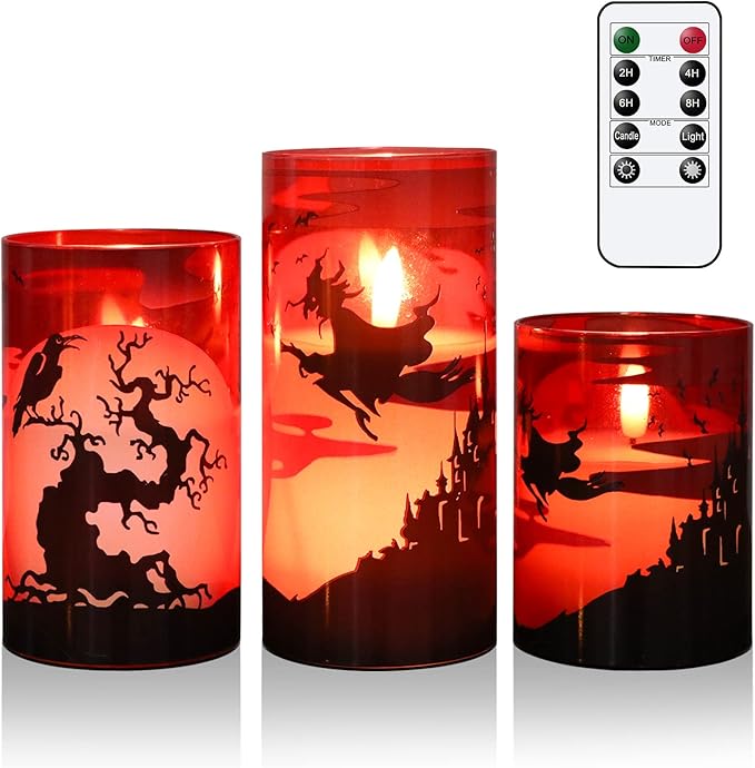 Eldnacele Halloween Flickering Candles with Witch, Crow Raven, Castle Decals, Red Glass Battery Operated Flameless LED Candles with Remote, Real Wax Candle Set of 3 Halloween Decorations