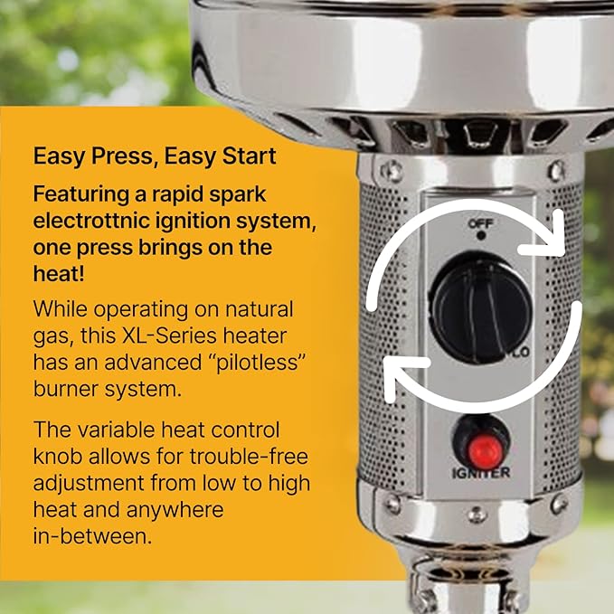 Outdoor Natural Gas Patio Heater, 45,000 BTU, XL-Series, Propane Heater, Anti-Tilt Safety Shut-Off, Portable Heater, Includes Drink Table & Wheels, Residential & Commercial Matte Mocha 89" Tall