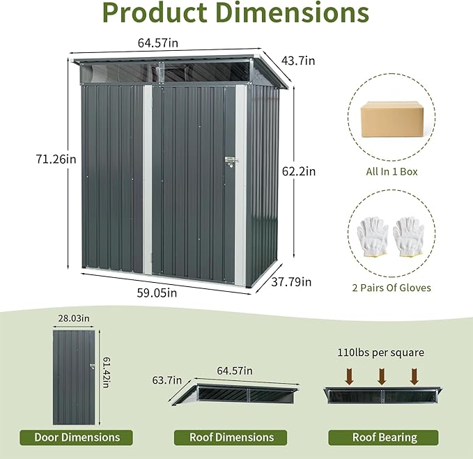 5x3 FT Grey Outdoor Metal Storage Shedfor Tools, Lawnmower, Bikes & Outdoor Gear, Lockable, Waterproof & UV-Resistant Heavy-Duty Steel 3x5 Shed for Backyard, Patio & Lawn, Easy Assembly