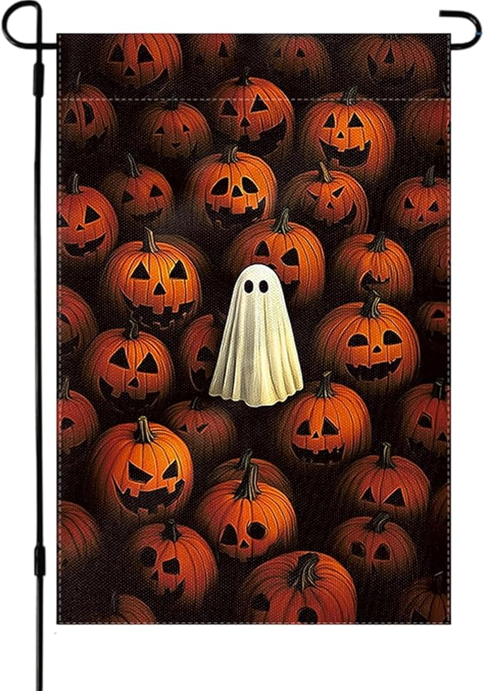 Halloween Garden Flag 12 x 18 Inch Double Sided Ghost Pumpkin Designs Fall Autumn Burlap Yard Flag for Outside Rustic Yard Outdoor Holiday Home Decoration