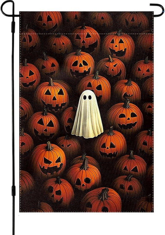 Halloween Garden Flag 12 x 18 Inch Double Sided Ghost Pumpkin Designs Fall Autumn Burlap Yard Flag for Outside Rustic Yard Outdoor Holiday Home Decoration
