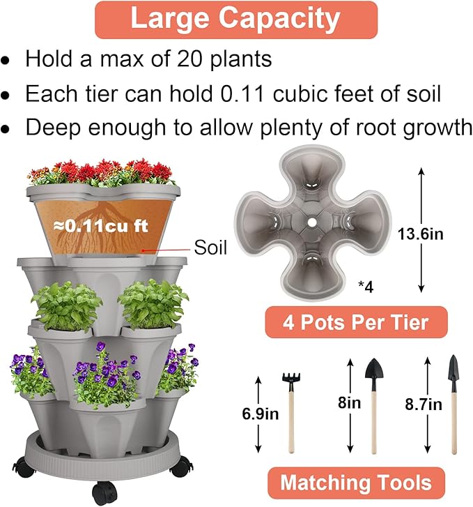 Vertical Planter 4 Tier Stackable Planters Garden Planters Strawberry Herb Flower and Vegetable Planter Indoor Outdoor Gardening Pots with Removable Wheels and Tools 2-Pack