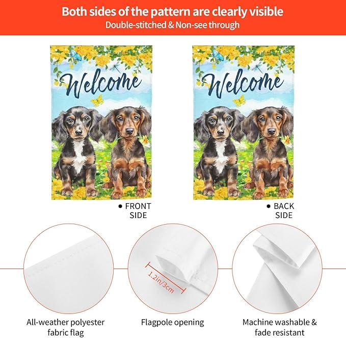 Puppy Lovers Spring Flowers Florals Cute Dachshund Dog Garden Flag Welcome Party Outdoor Outside Decorations Picks Home House Garden Yard Decor 12x18 Inch