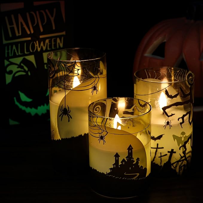 DRomance Spider Glass Flameless Candles with Remote and Timer, Battery Operated Realistic 3D Wick Flickering Real Wax LED Candles Halloween Window Table Holiday Dinner Decor Gifts(3 x 4,5,6 Inches)