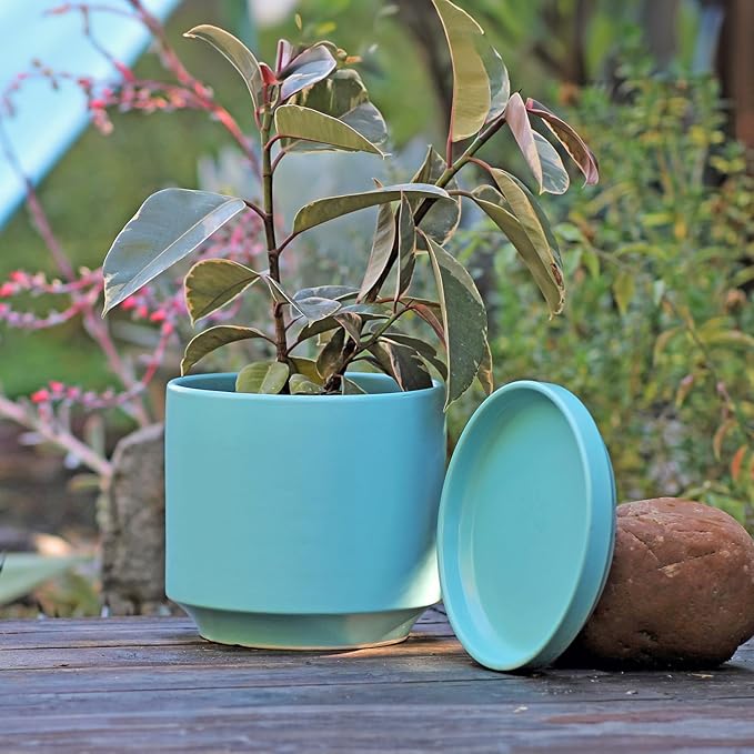 Ceramic Mid Modern Planter Pots with Detached Saucer - Indoor/Outdoor Plant Pots with Drainage Hole