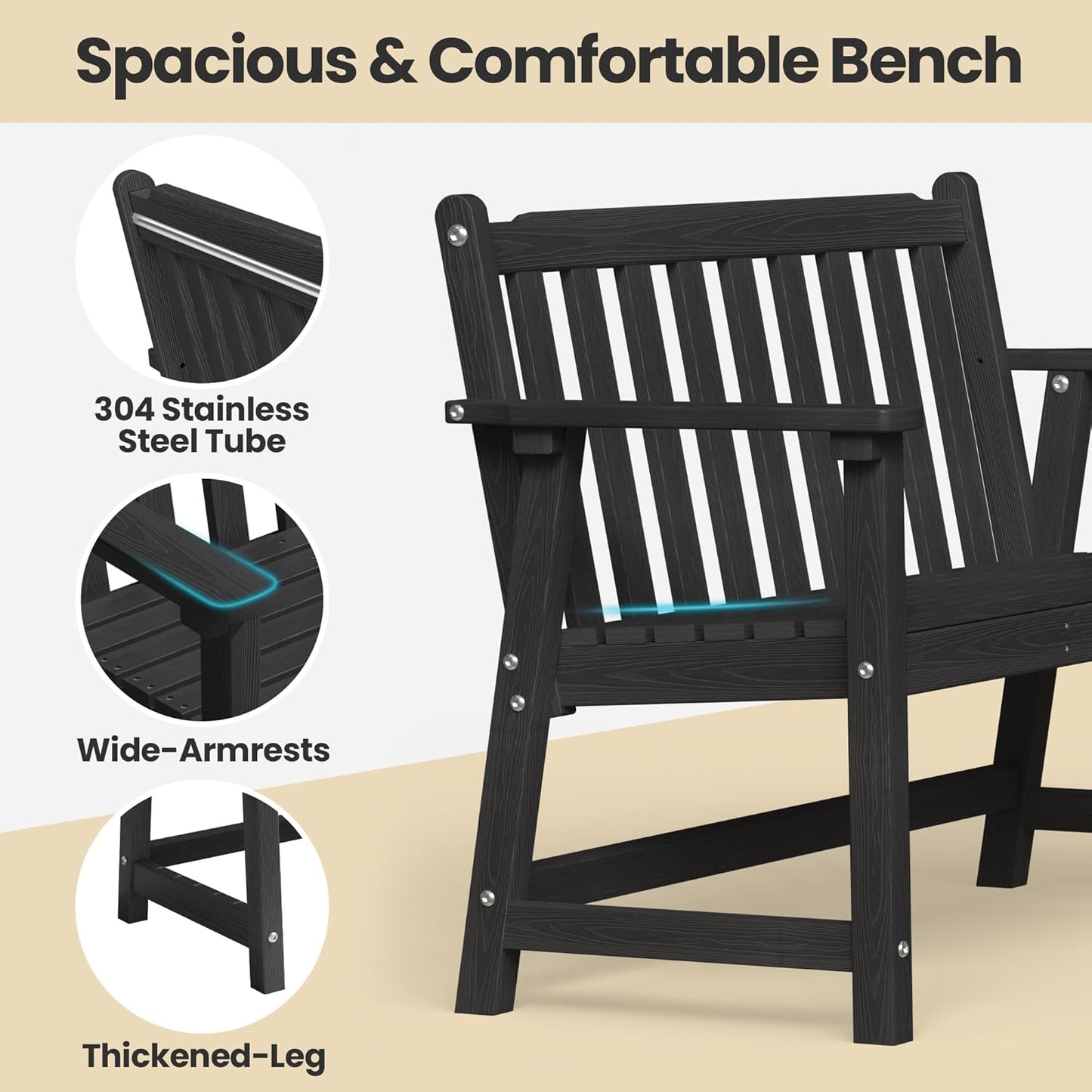 Ciokea 44" Outdoor Bench Set of 2, HDPE Weatherproof Garden Bench, 2-Person Memorial Benches with 550 Lbs, Waterproof Patio Porch Benches for Outside Business Deck Office Backyard Balcony, Black